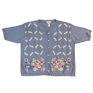 VTG Napa Valley Cardigan Blue Pink Floral Embroidered Beading Crotchet Womens L